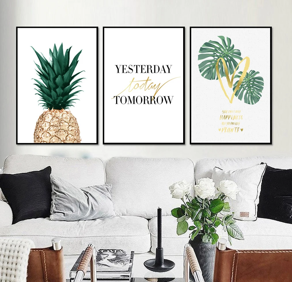 

Nordic Golden Pineapple Green Leaves Canvas Painting Wall Art Letter Quotes Posters And Prints Plants Pictures For Living Room