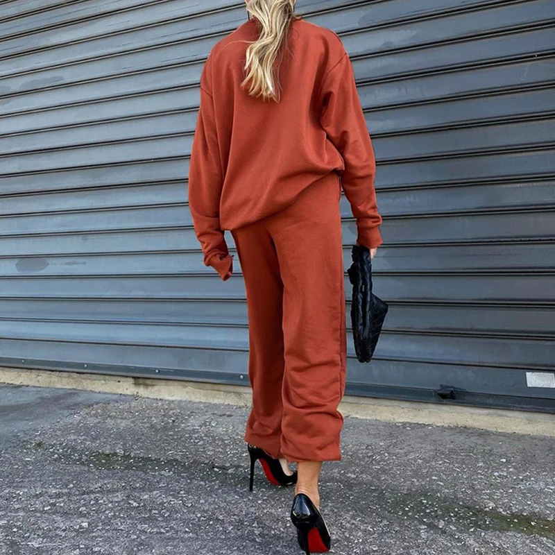 Sister Fara Spring Autumn Women's 2 Piece Jumpers O-neck Knit Hoodie Sweater+High Waist Loose Wide Leg Pants Ladies Casual Suit |