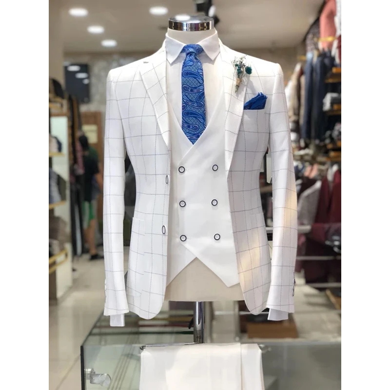 Мужская мода плед Slim Fit костюм реальную картину из 3 предметов: куртка жилет и
