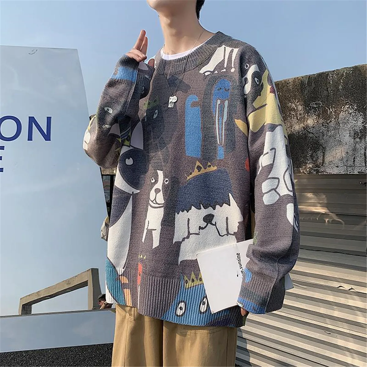 

Cute Knitted Pullover Jumper Sweaters Streetwear Casual Cartoon Hip Hop Long Sleeve Knitwear Sweater Men Autumn Dog Tops Male