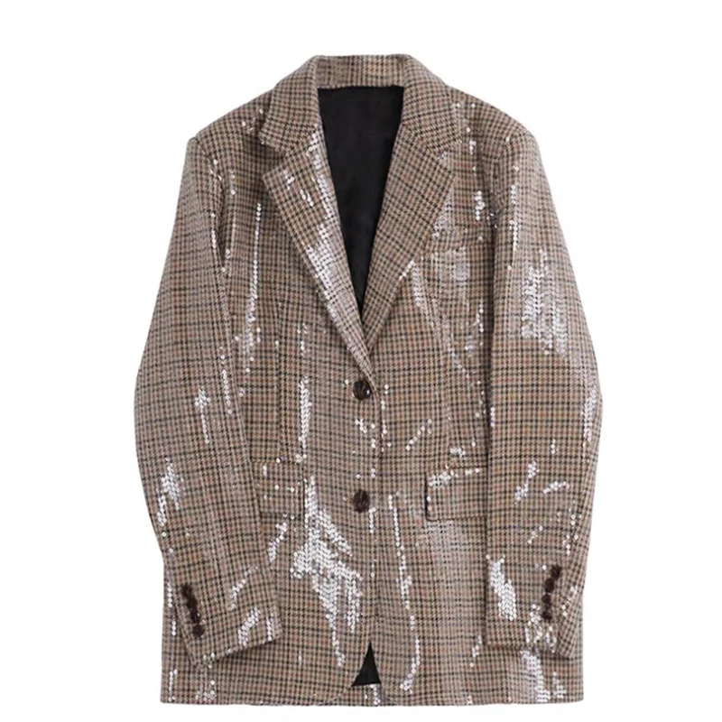 

Spring Autumn New Bling Bling Plaid Sequined Blazer Female Lapel Single Breasted Loose Casual Retro England Style Jacket