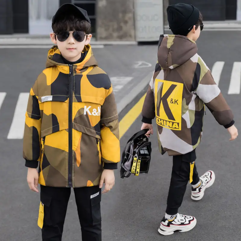 

Winter Polyester Jacket For Boy 2021 Korean Version Add Cotton Thicken Fashion Camouflage Coat Hooded Casual Children's Clothing