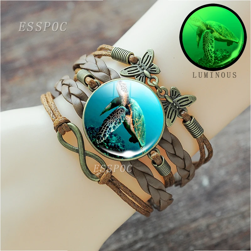 

Sea Turtle Dolphin Seashells Multilayer Braided Leather Bracelet Luminous Glass Dome Pendant Fashion Jewelry Souvenir Gifts