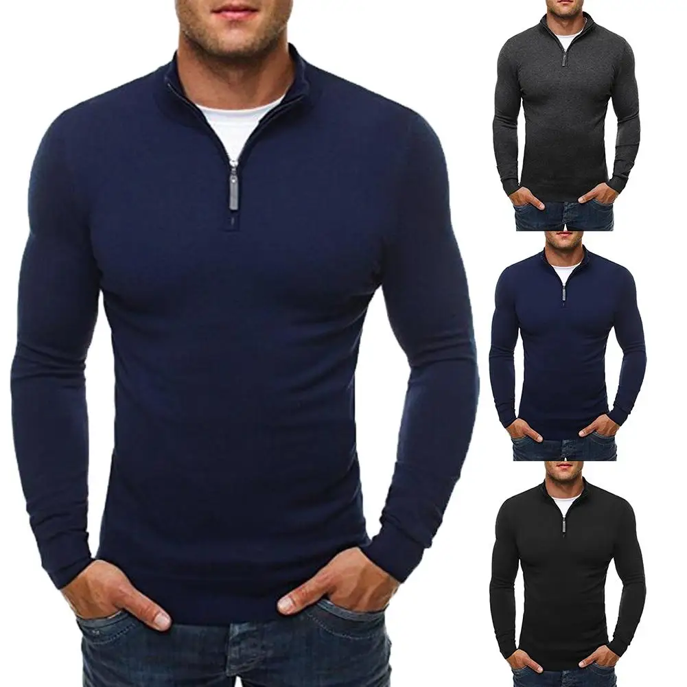 

hot Chic Men Solid Color Stand Collar Long Sleeve Zipper Knitted Sweater Top Blouse