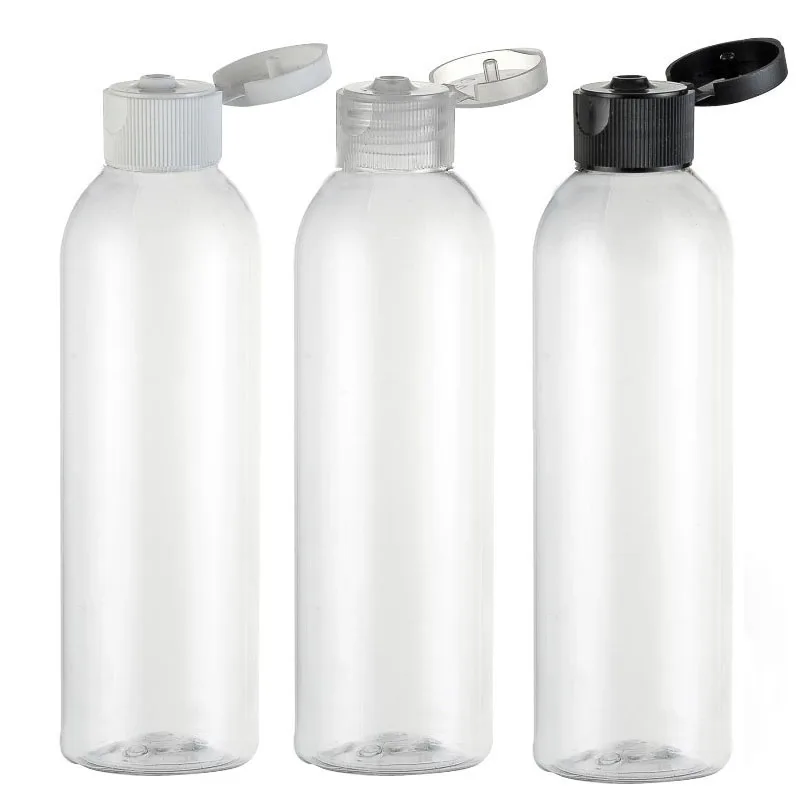 

(30pcs/lot)200ML Empty Transparent Cosmetic Container With White Transparent Black Flip Top Cap 200cc Plastic Shampoo Container