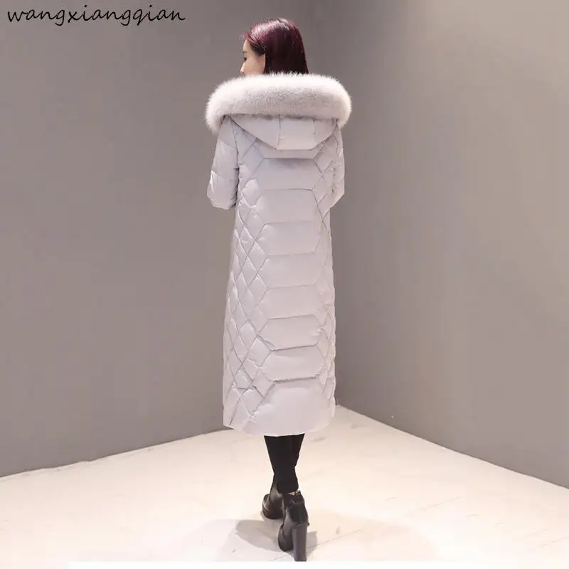 Женское пуховое пальто с капюшоном, новинка, зимнее, до колена, на молнии, однотонное, с лисьим меховым воротником, для женщин, плотное, средней длины, пуховик, женский, A499