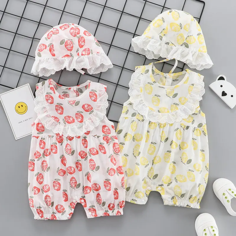 

Летний для новорожденных комбинезон для маленьких детей, домашний костюм-ромпер без рукавов жилет + шапка с цветочным украшением, Комплект пижамы для детей, детские топ на бретелях для девочек, Детская верхняя одежда