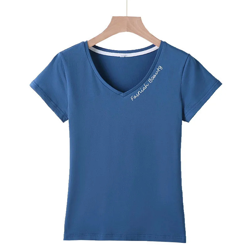 

Korean version of 2021 summer new V-neck letter printing short-sleeved T-shirt ladies half-sleeved bottoming shirt T-shirt N128