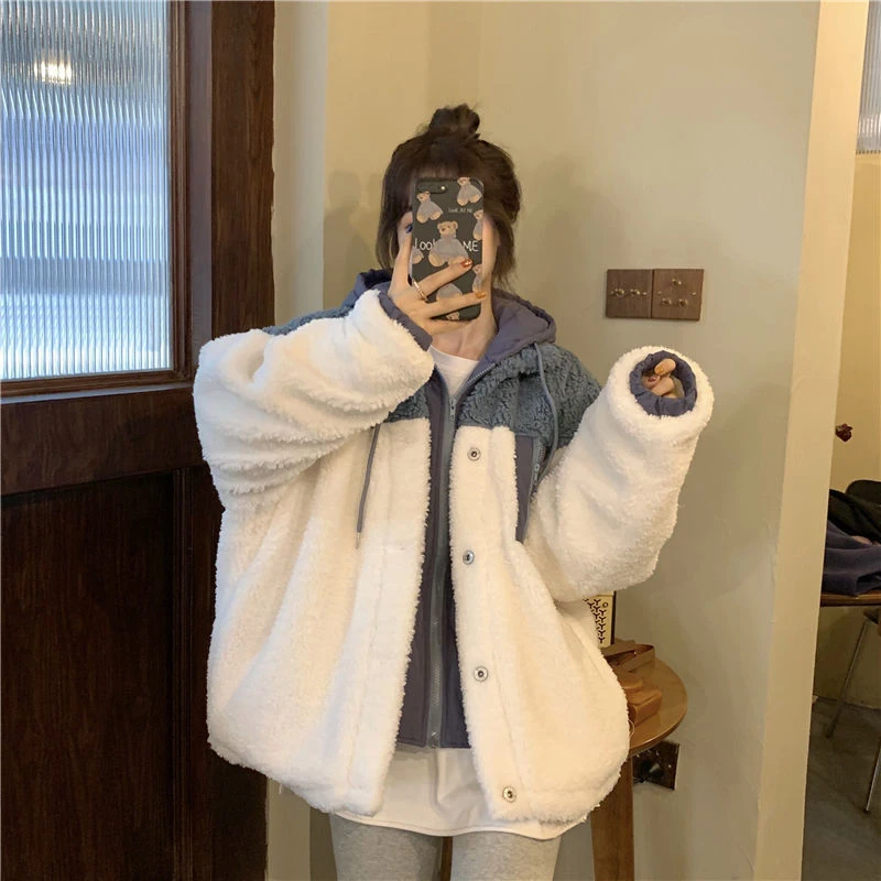 

Winter Women 2021 Fashion Loose Warm Velvet Hooded Coats Casual Thick Cotton Jackets Korean Outerwear Female Patchwork Overcoat