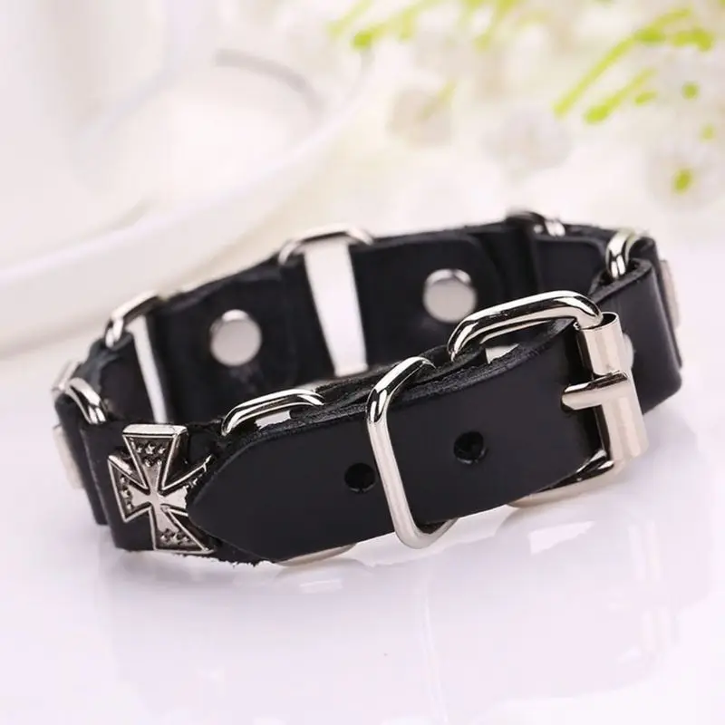 

Men's Punk Adjustable Leather Strap Bracelet Metal Cross Cuff Bangle Wristband LX9E