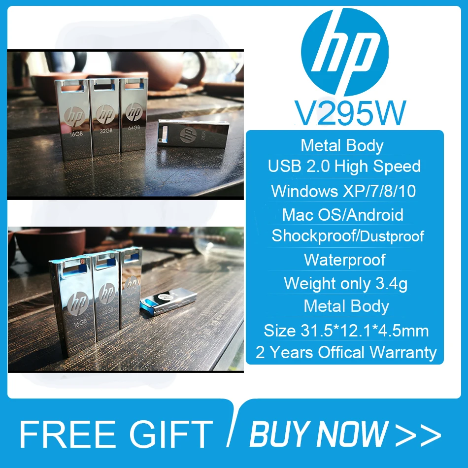 Металлический мини флеш накопитель HP V295W USB 64 ГБ 32 16 флешка водонепроницаемый