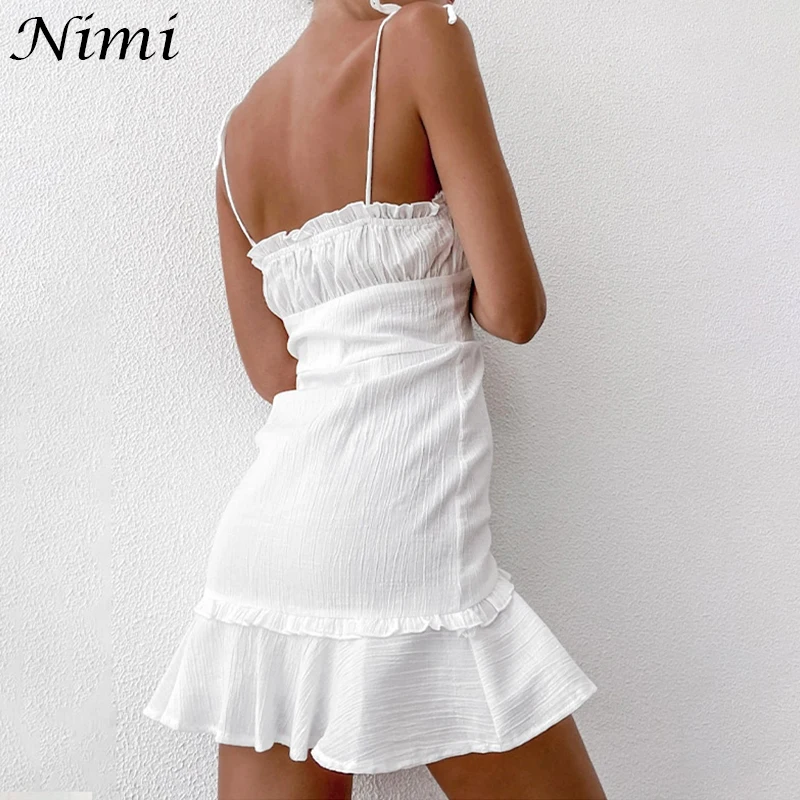 

Cotton White Summer Ruffle Strap Sexy Dress Women Sukienki Jurken Zomer 2021 Dames Backless Off Shoulder Dresses Single-Breasted