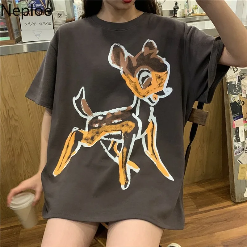 Женская свободная футболка Neploe Корейская с круглым вырезом и милым мультяшным