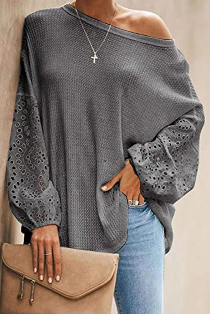 

Spring and summer tops women's new explosive fashion solid color loose slant collar hollow long sleeve off shoulder t-shirt