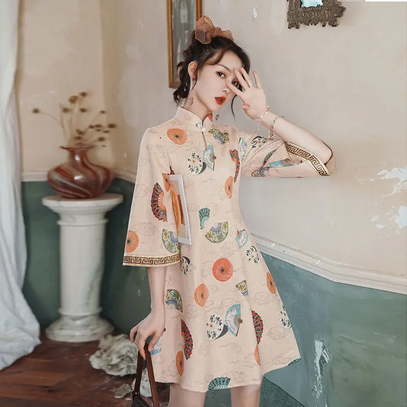 

inverted sleeve spring summer girl dress A dress short seven-point sleeve vestido midi elegante Stand Flare Sleeve