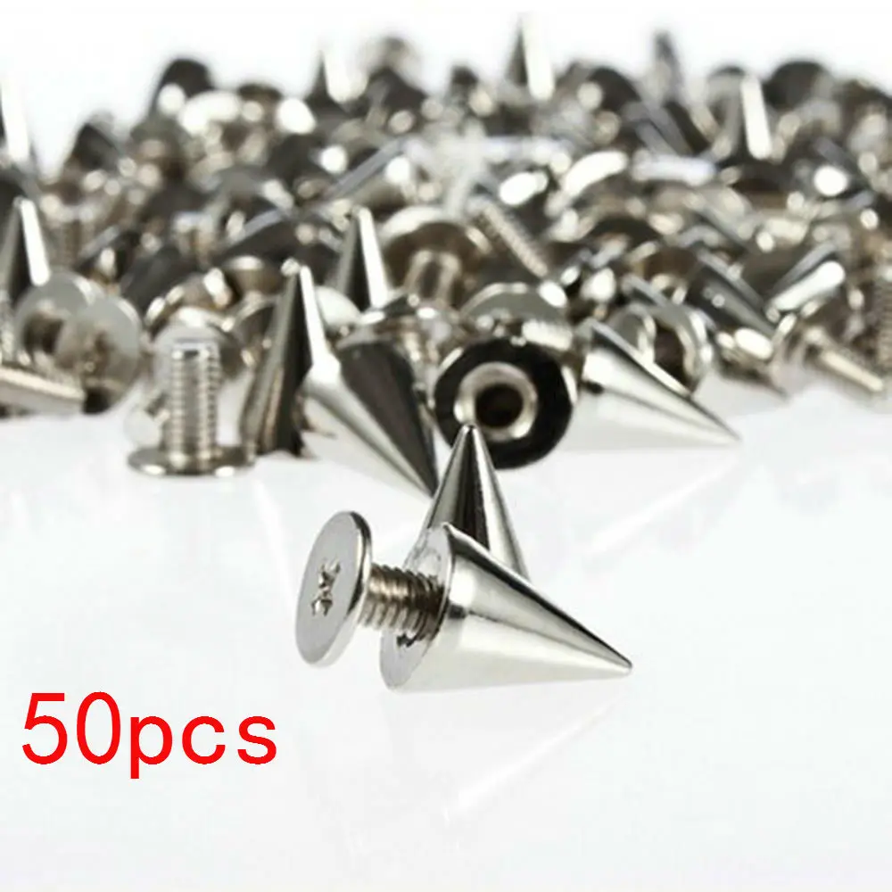 

50pcs/Set 7x10mm Silver Cone Studs and Spikes for Clothes Screwback DIY Craft Cool Punk Garment Rivets for Leather /Bag/Shoes