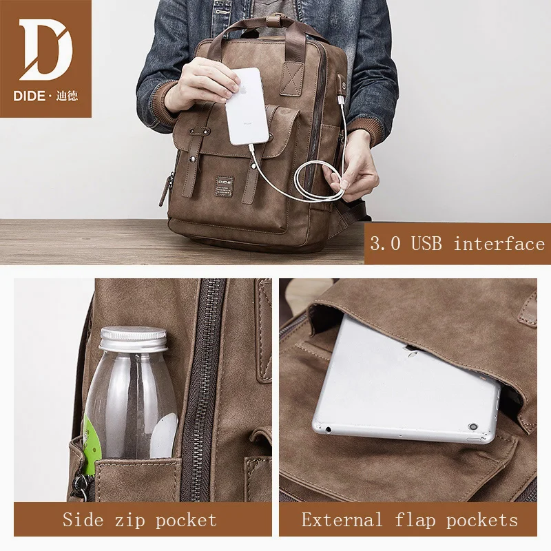 Мужской Дорожный рюкзак DIDE с USB разъемом ранцы для ноутбука 14 и 15 дюймов школьные