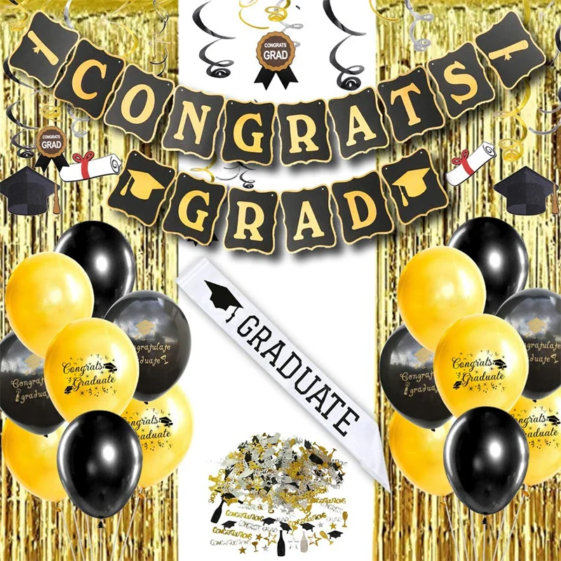 

Black and Gold Balloons Set Congrats Grad Banner Graduate Sash Fringe Curtain Hanging Swirls for Graduation Party Decorations