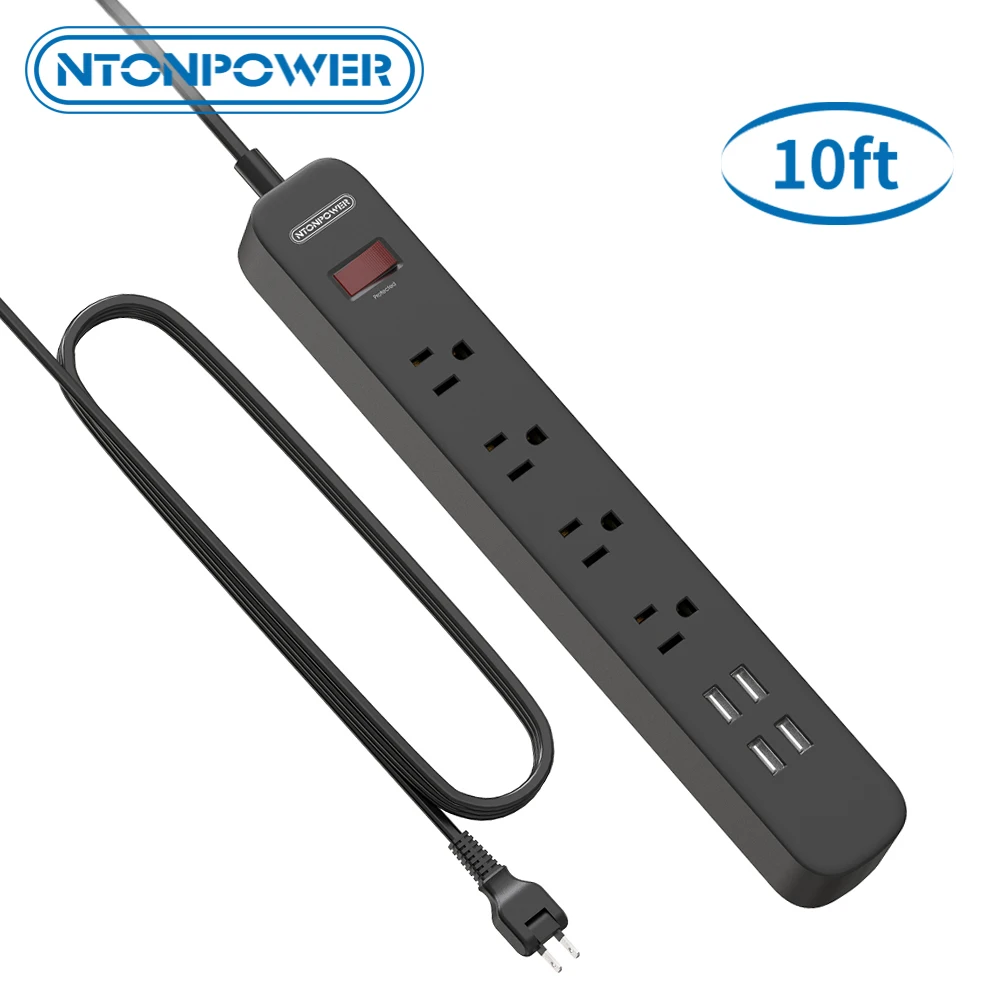 

NTONPOWER 2 Prong Power Strip US Plug 1700J Surge Protector 4 Outlets 4 USB Ports With 10FT Extension Long Cord For Home/Office