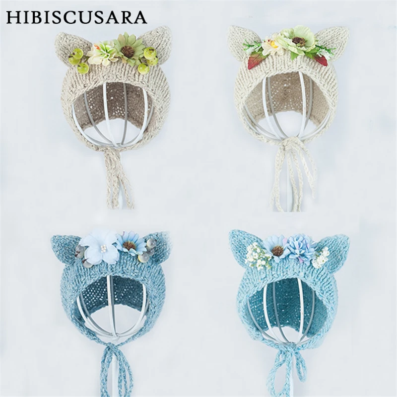 

Очаровательная вязаная шапочка для малыша, для новорожденных, шапочка с ушками животных, вязаная крючком шапочка с цветком, реквизит для фотосъемки