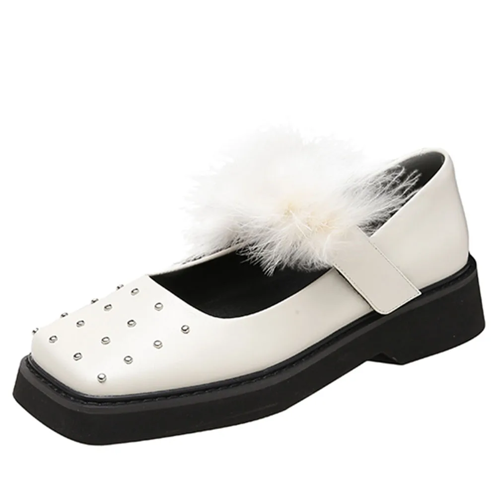 

High Quality Full Leather Square Toe Pumps For Woman Marry Jane Fur Design Hook Loop Rivet Fashion Shoes 2021 Summer New Arrival