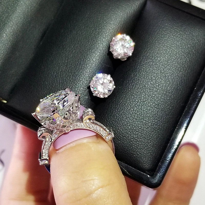 

2pcs Pack silver color bride Jewelry set Engagement ring stud earring for Wedding gift J4915