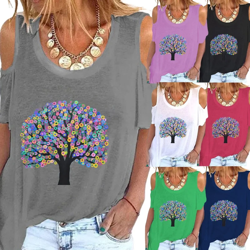 

Summer New Fashion Women Tree Print Short Sleeve Round Neck Shirt Top Casual Off Shoulder T-shirt Plus Size