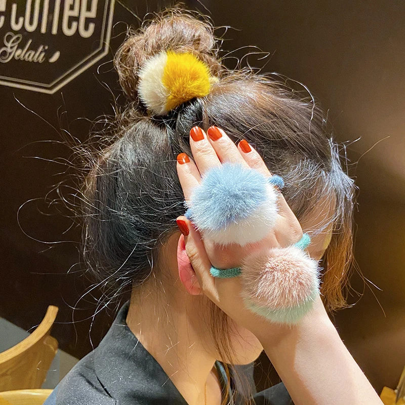 1 шт. эластичные резинки для волос ярких цветов с помпоном из искусственного меха