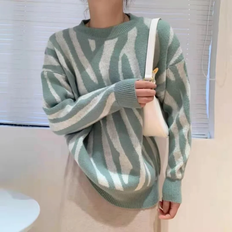 

Sweater Women Knitted Striped Splicing Pullover Sweaters O-Neck Loose Oversized Jumper Woman Korean College Style Sueter Mujer