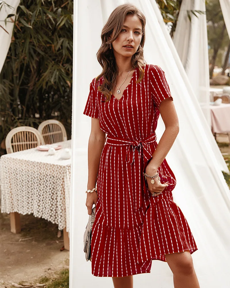 

2021 New fashion Arrivals Elegant Printed dress mid-length dress Ins style sexy temperament striped dress slimming dress