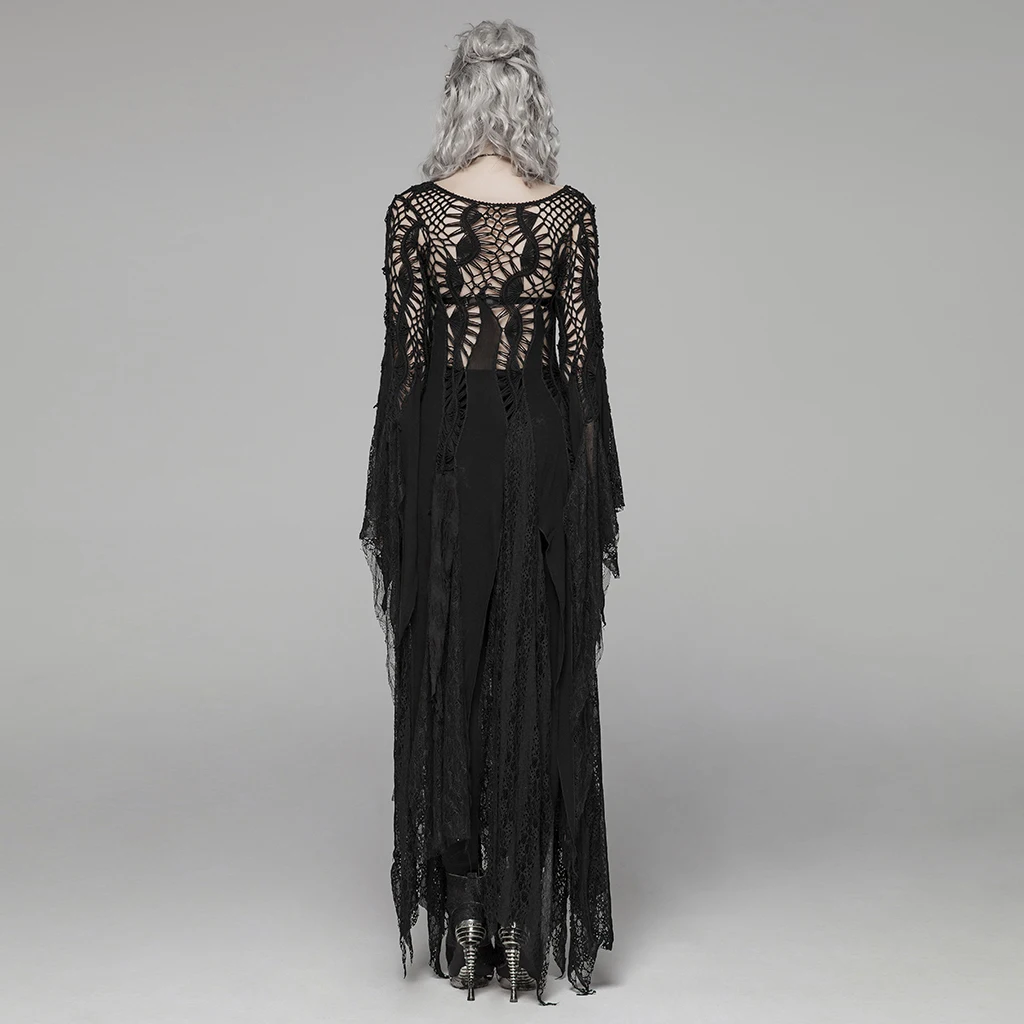 Женское готическое платье макси Goth Черное длинное с асимметричным кружевным