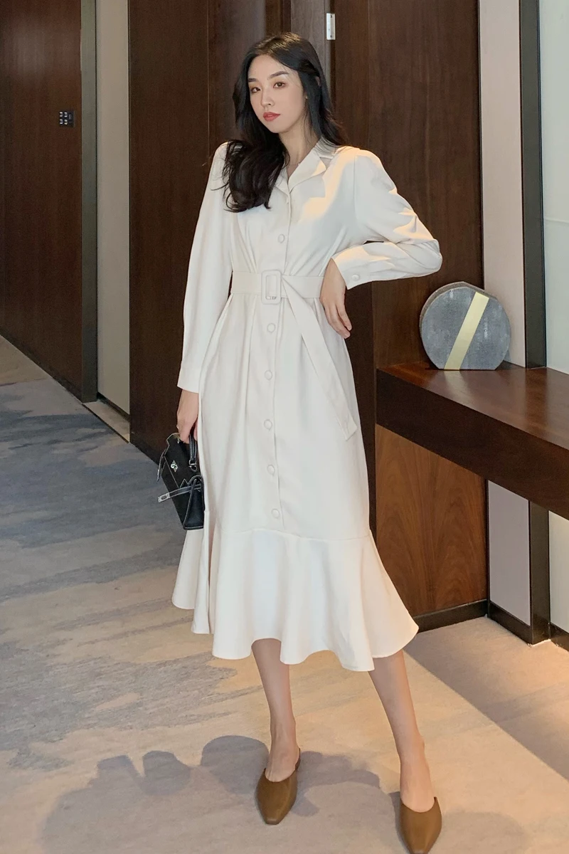 

ICHOIX Korean Version Autumn And Winter Women Notched Collar Fishtail Long Dress Office Ladies Elegant Long Sleeve Dress