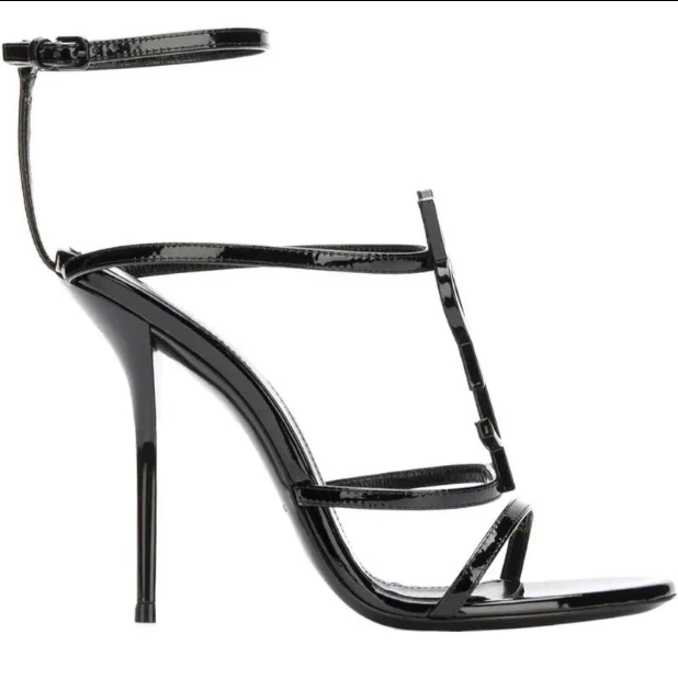 

2021 ladies classic leather sandals brand designer metal logo fine ladies high heel sandals open toe round toe sandals