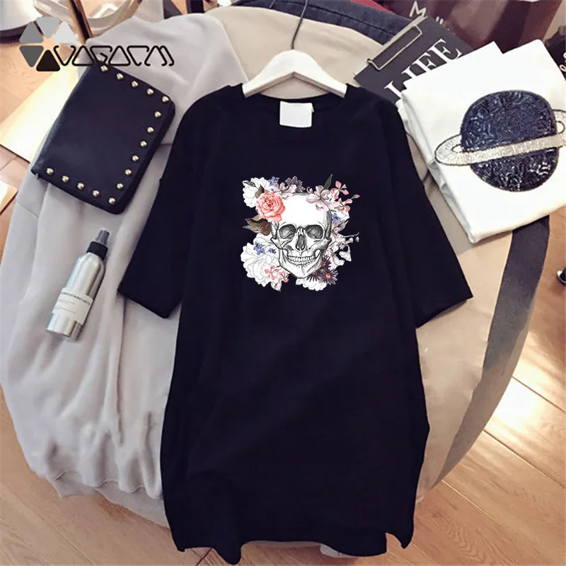 Женское платье футболка с героями мультфильмов принтом череп Летняя круглым