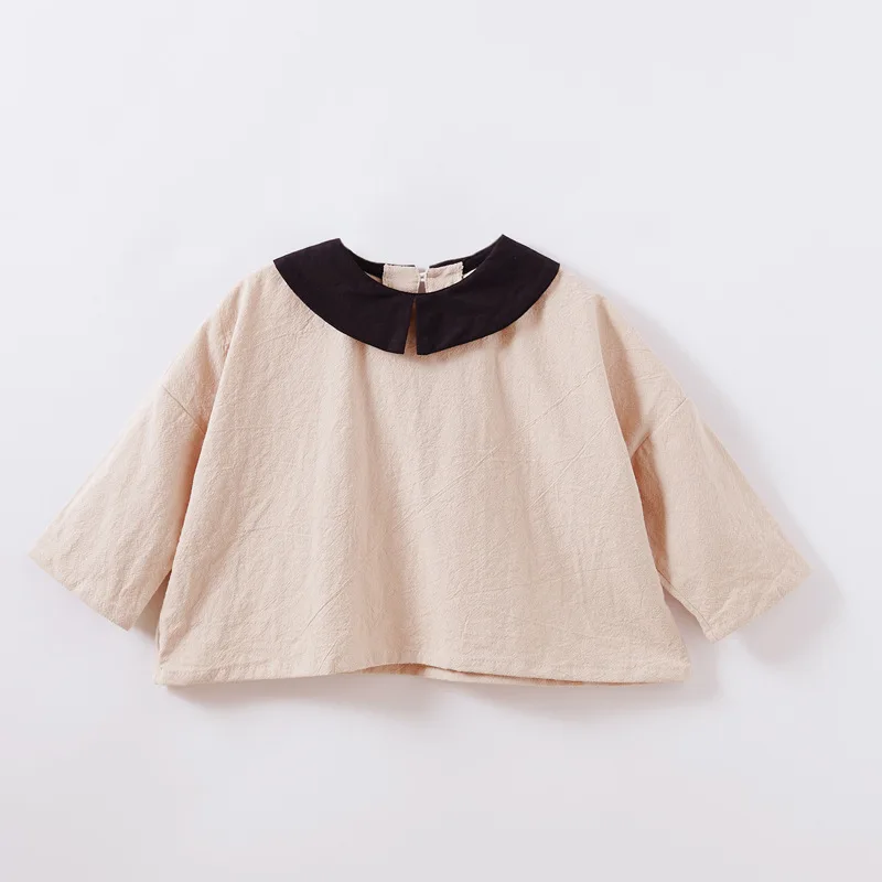 

Fall new girl baby cotton linen shirt contrast color loose bat shirt Korean version 1035 10