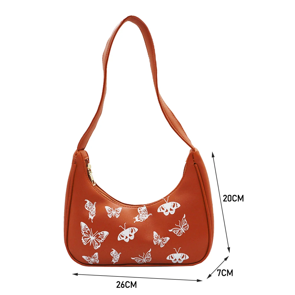 

Vintage Women Butterfly Printing Shoulder Underarm Bag Casual Ladies PU Leather Purse Handbags Simple Small Zipper Half Moon Bag
