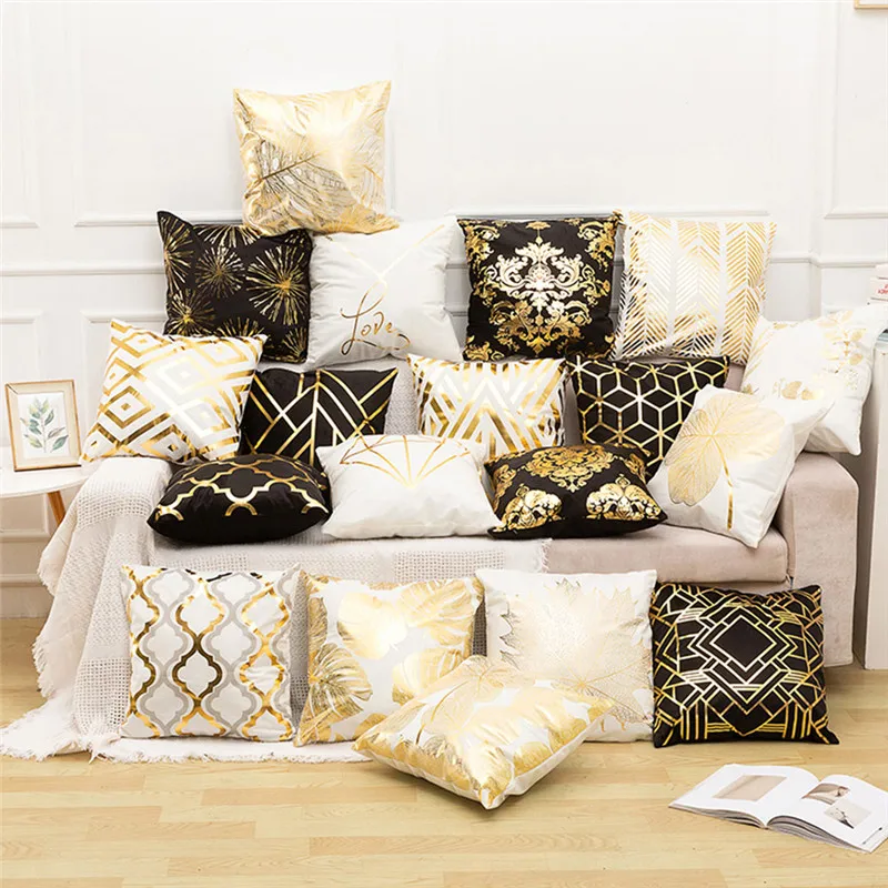 

Fuwatacchi Black Gold Foil Pillow Case Leaf Flowers Diamond Pillow Cover for Home Bedroom Sofa Decorative Cushion Cover 45*45cm
