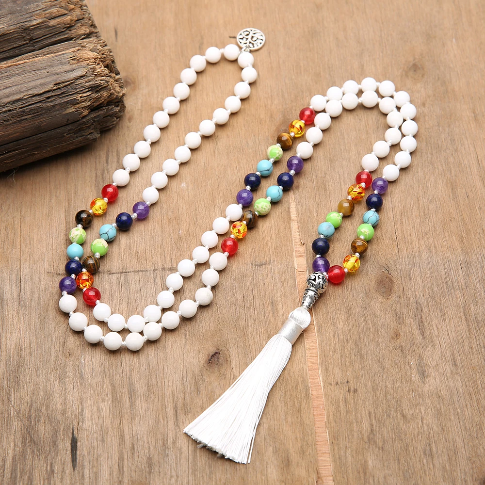 

108 Japa Mala 7 Chakra Natural Stone Beaded Knotted Necklace Yoga Blessing Meditation Jewelry with Tree of Life Tassel Pendant