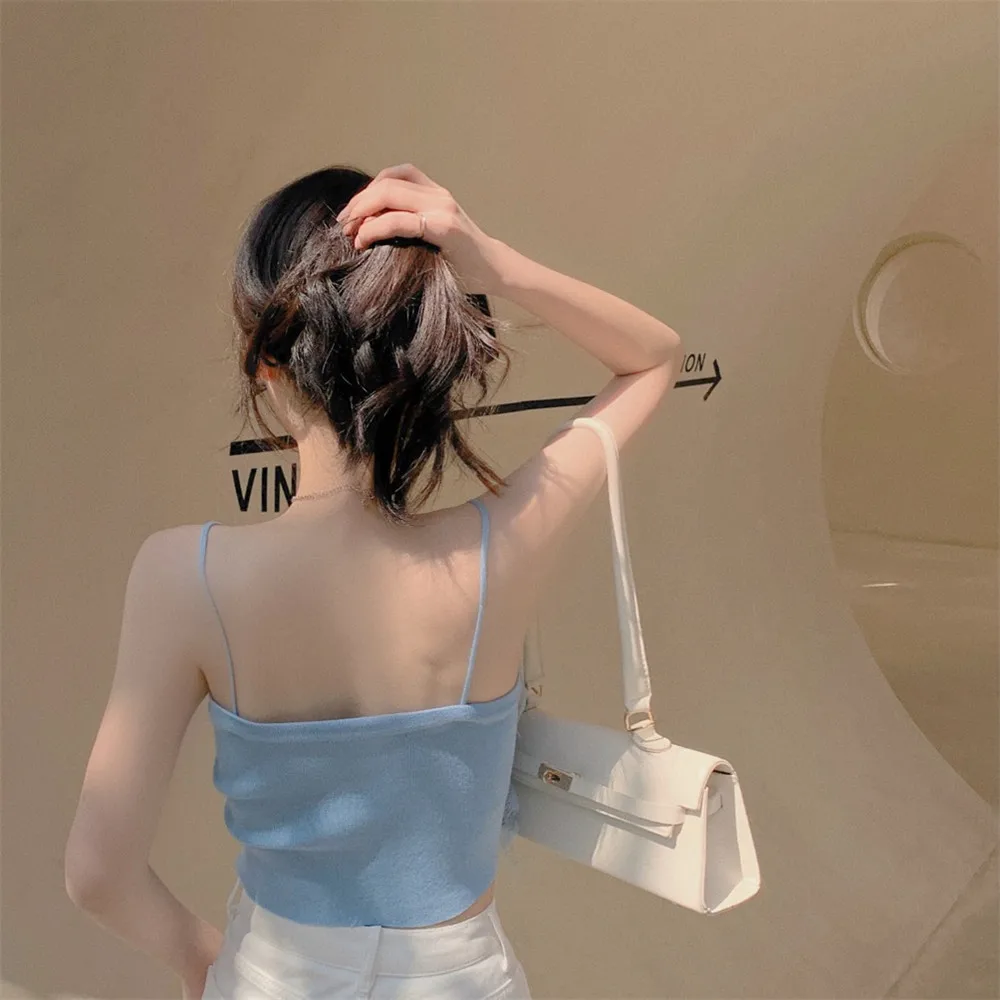 

Hipster Camis Feathers Off Shoulder Women's Clothing Sweet Summer Style Korean Clothes Spaghetti Strap Slim Crop Top New