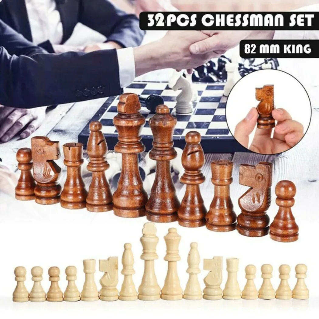 

32PCS Wooden Carved Chess Pieces Hand Crafted Set Large 82/91mm King Size Children Toys Gift Chessmen International Word Chess