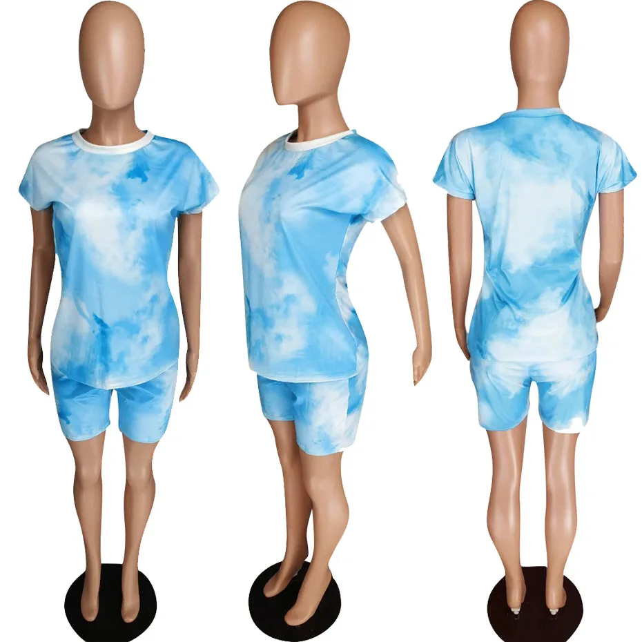 

HAOYUAN Tie Dye Tracksuit Women 2 Piece Outfits Festival Clothing Short Sleeve Top and Biker Shorts Sweat Suits Two Piece Set