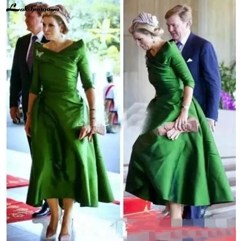 Elegant 3/4 Long Sleeves Dark Green Satin Mother of Bride Dresses Princess Formal Party Evening Gowns Tea Length - Цвет: PICTURE COLOR