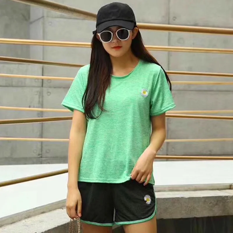 

Newly Women Quick Drying Short Sleeve Round Collar T-shirt Top with Shorts for Summer Sports FIF66