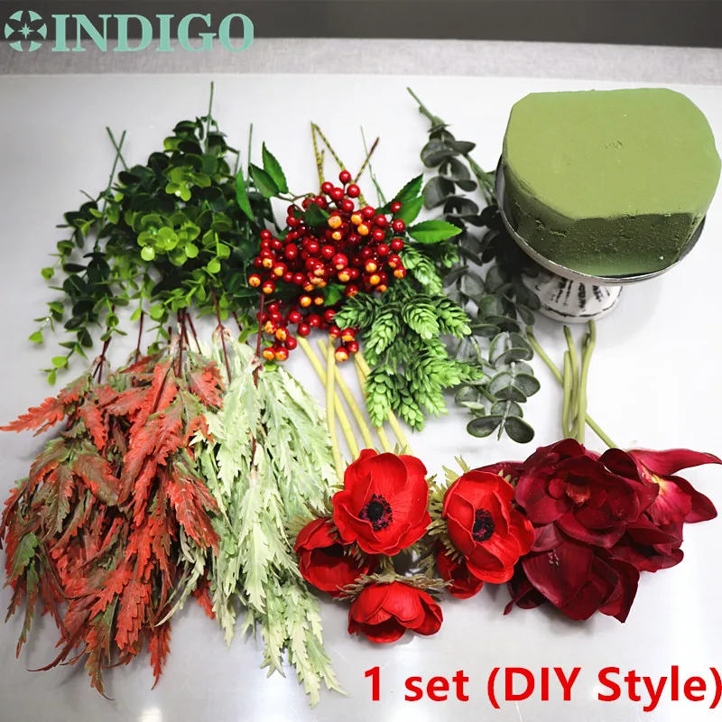 1 set DIY Style Индиго дизайн-1 Набор DIY подарок Красный анемон Cymbidium Рождество Цветочная композиция бонсай букет стол центральный - Цвет: 1 set DIY Style