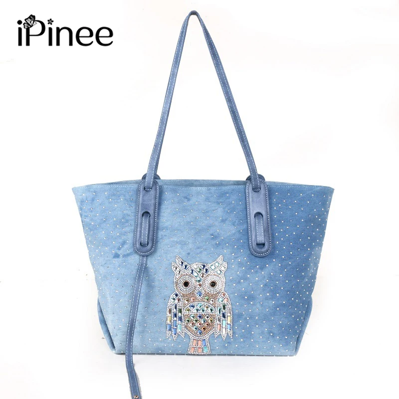 

Сумка iPinee женская из денима, модный саквояж на плечо с рисунком Совы со стразами, дизайнерский Многофункциональный тоут