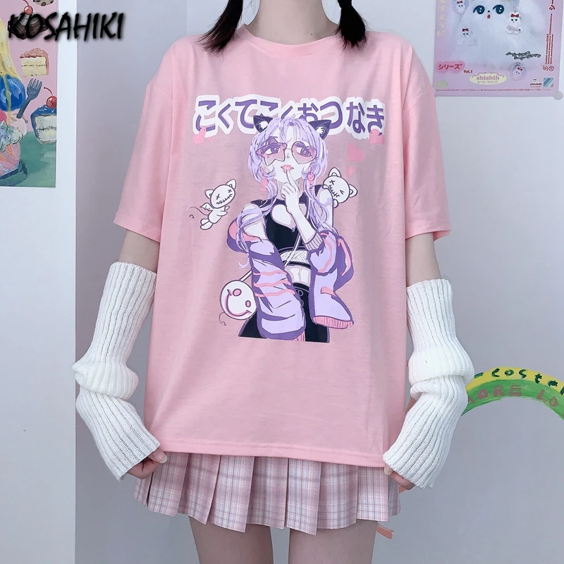 

KOSAHIKIHarajuku Style T-shirt Women Letter Print Short Sleeve Cartoon Tshirt 2021 Spring Summer Tops Y2k Top Graphic Tees