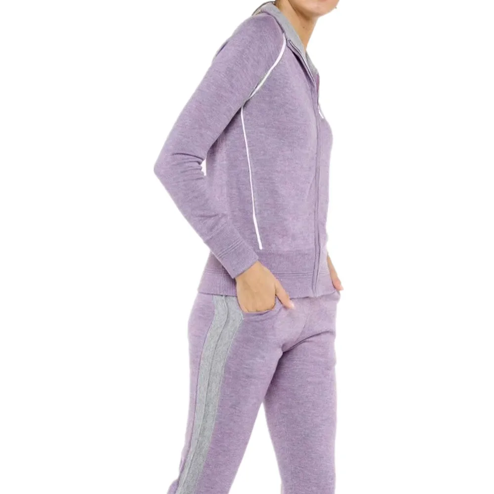 Luxury 2 pieces 45% cashmere + 30% wool suits female striped high collar warm mink cashmere Knit tops +  wool pant sets F2159