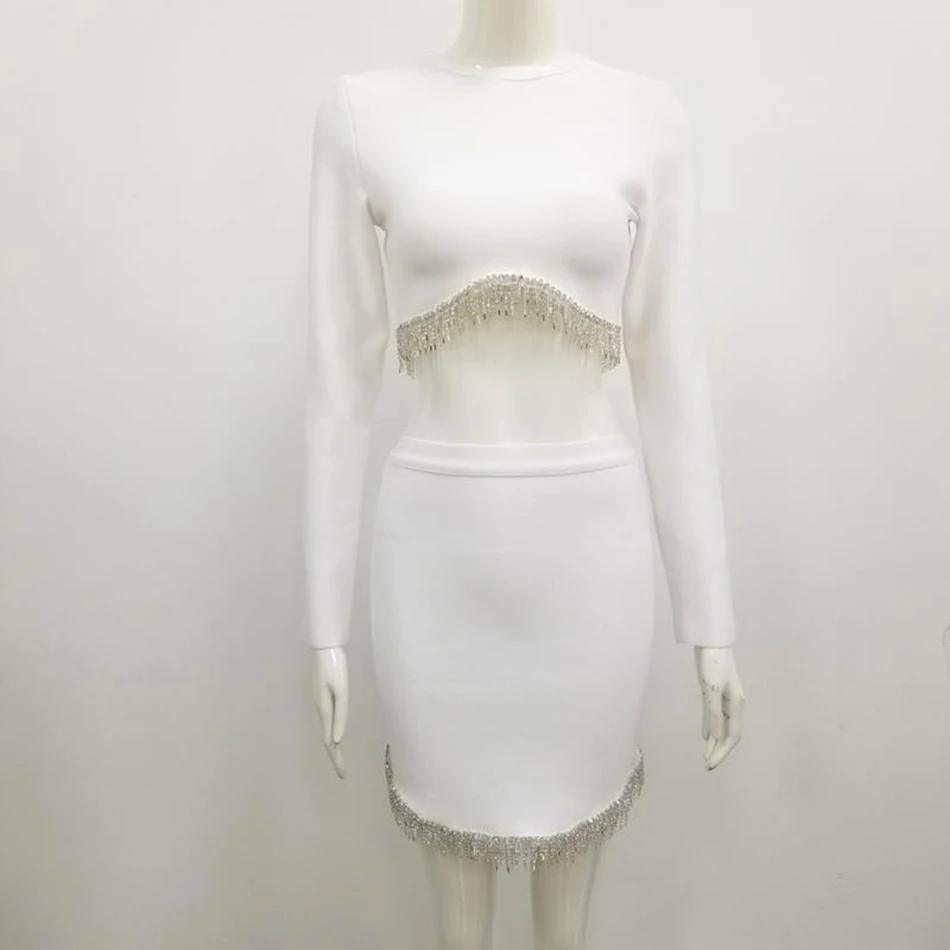 

High Quality Women'S Sexy Diamond Tassel Bodycon Bandage 2 Two-Piece Set Long Sleeve Short Top And Skirt Party Set Spring 2021