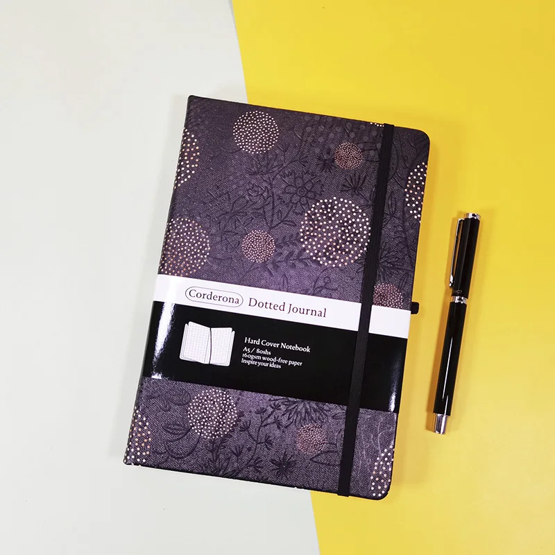 Black Floral A5 Bullet Dotted Journal 160gsm Ultra Thick Elastic Band Hard Cover Notebook