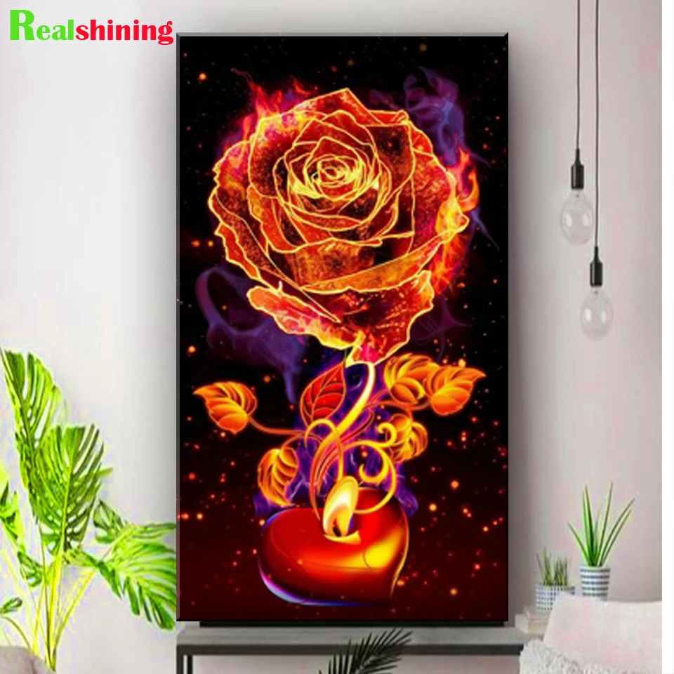 

Полная квадратная круглая алмазная живопись Сердце Свеча огненная Роза вышивка Алмазная вышивка Темный цветок украшение для дома J358